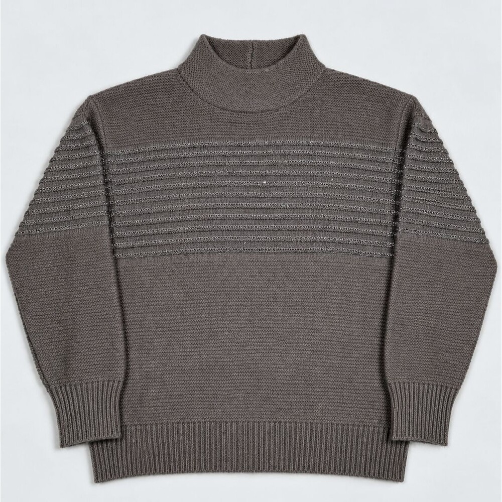 Elan Womens L Gray Sequin Mock Neck Knit Sweater Pullover Sparkle Long Sleeve